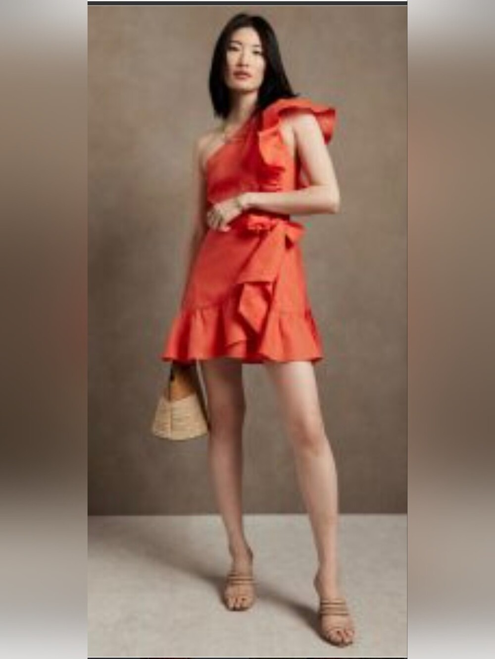 Banana Republic Coral Linen One-Shoulder Ruffle Mini Dress - Size 4